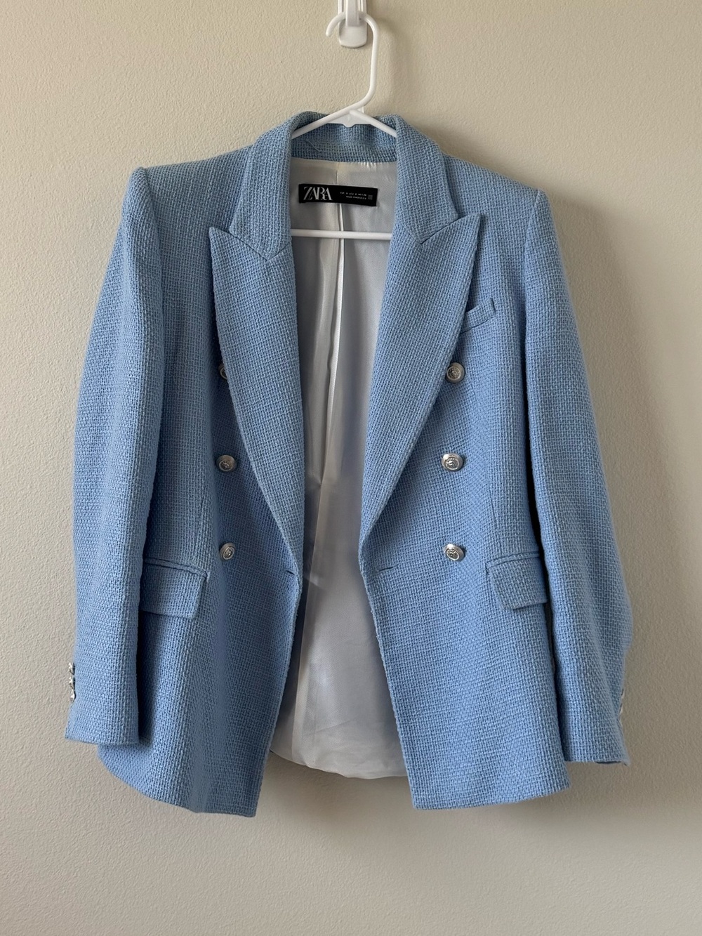 Zara Powder Blue Textured Double-Breasted Blazer